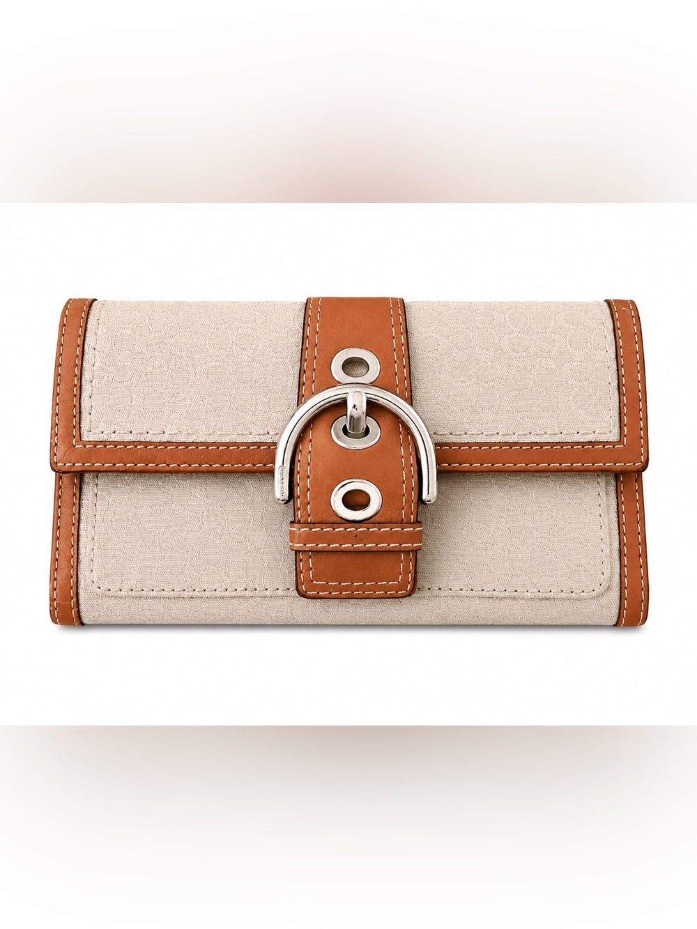 Beige Canvas and Tan Leather Accent Clutch